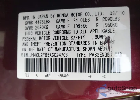 2010 Acura Tsx 2.4 z USA, uszkodzony, nr VIN JH4CU2F65AC024706